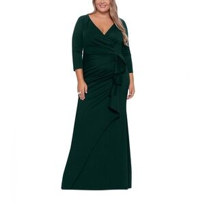 XSCAPE 16W Emerald Green Ruched Maxi Gown Dress 3/4 Sleeve Formal Evening NWT